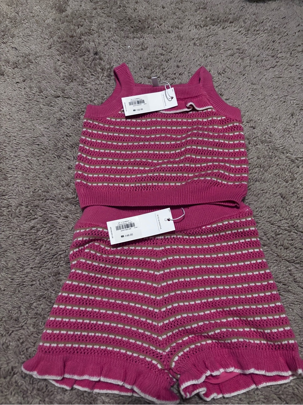 NWT Janie and Jack Pink and Cream Striped Knit Tank & Ruffle Shorts Set 18-24m